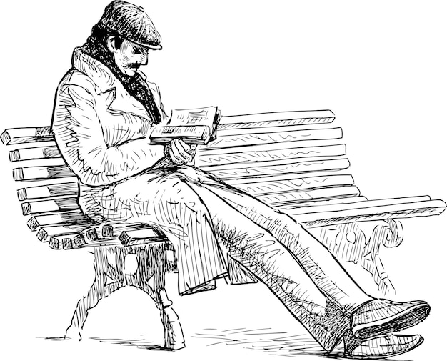 2esboço de homem com bigode sentado no banco do parque e lendo livro75