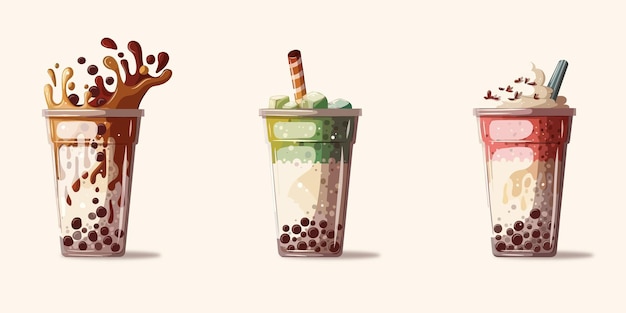 3 ícones vetoriais de copo de chá de bolhas e também ícones de milk-shake