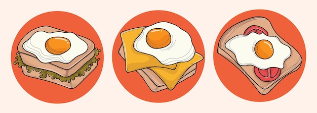 3 pães torrados com ovo como ilustrações vetoriais de refeição de café da manhã