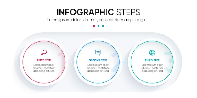 3 passos vermelho azul verde infográfico design círculo colorido passos apresentação com numeração
