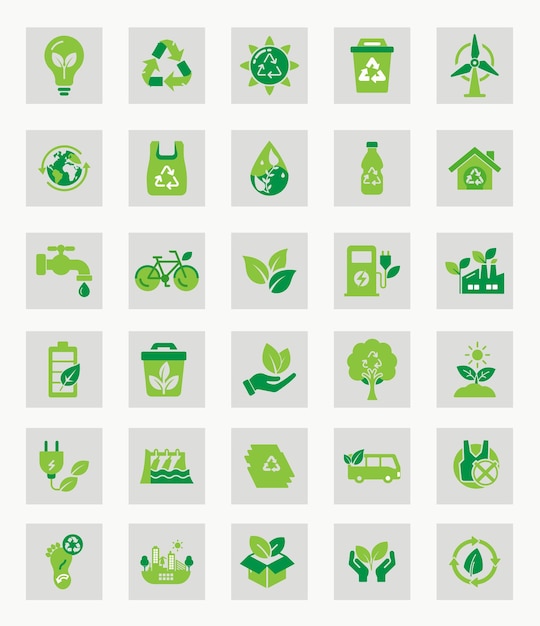 30 Ícones ambientais verdes Reciclagem ecológica Energia renovável e Símbolos de sustentabilidade
