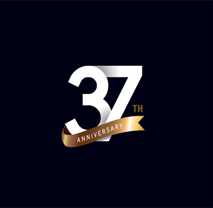 Vetor 37 anos aniversário vetor número ícone logotipo aniversário rótulo preto e branco com fita dourada