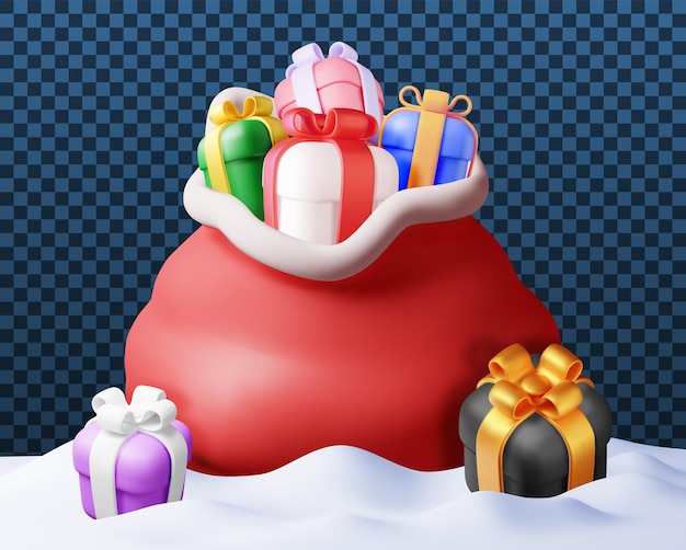 3d aberto saco de papai noel cheio de presentes em neve render saco de pano vermelho para presentes feliz ano novo decoração feliz natal feriado ano novo celebração de natal ilustração vetorial realista