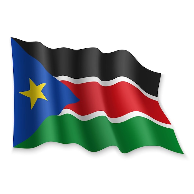 Vetor 3d bandeira de ondulação realista do sudão do sul em fundo branco
