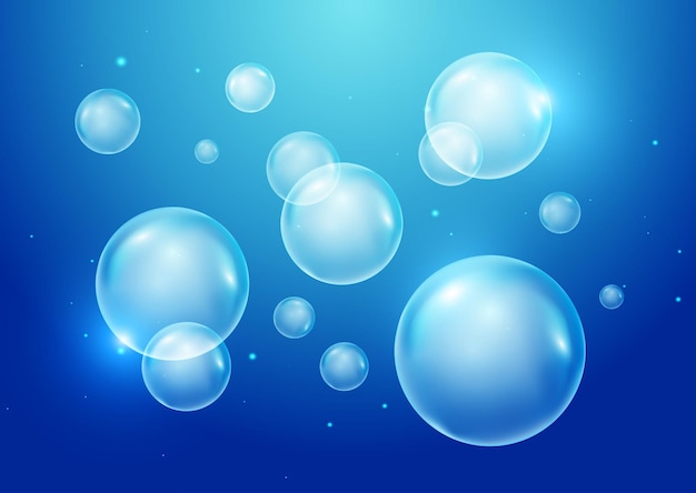 3d bolhas debaixo d'água em fundo azul ilustração vetorial de bolhas de sabão