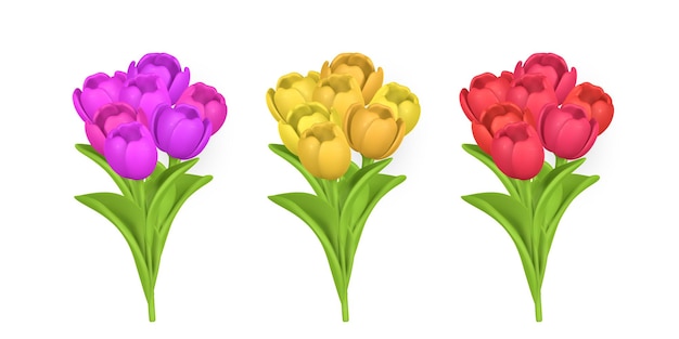 3d bonito ramo de primavera de tulipas em ilustração vetorial de estilo cartoon