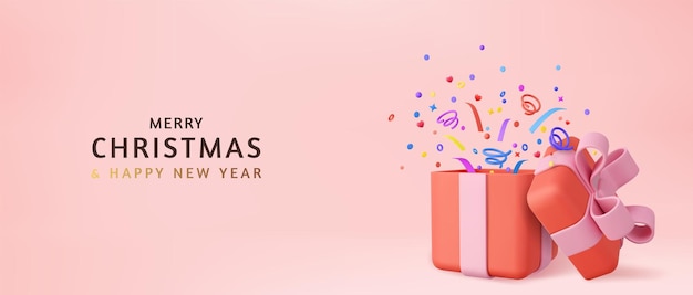 3d caixa de presente surpresa fofa com caixa de presente de confete caindo como conceito de prêmio Natal e caixa de presente surpresa de ano novo para aniversário 3d renderização vetor ilustração