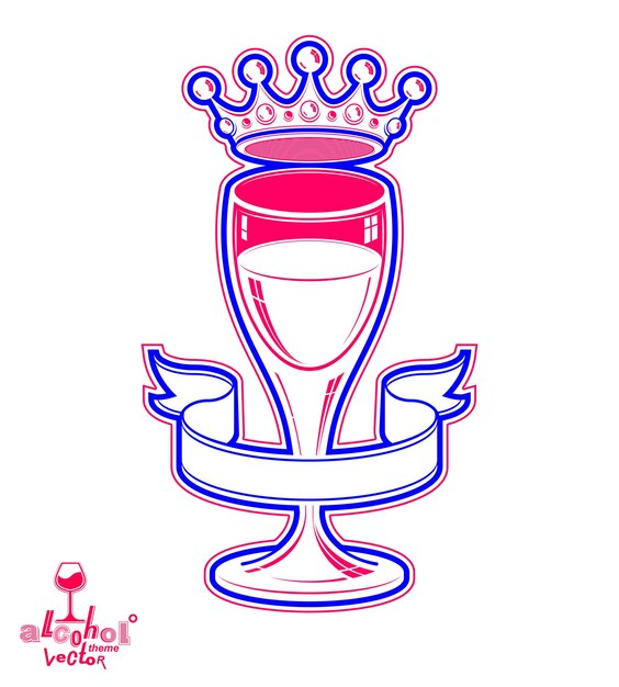 3d cálice de vinho com fita simples e coroa majestosa, objeto de design de ideia de lazer. Ilustração artística do tema de bebidas alcoólicas.