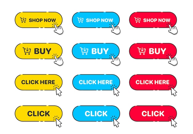 3d clique aqui botões clique em mais adicionar símbolo de ação da loja cursor de mão e seta apontando adicionar ao carrinho
