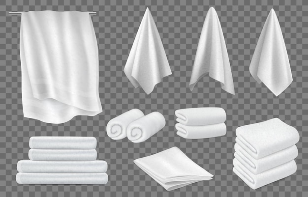 3d cobertor e toalha pano branco pendurar banho algodão fofinho rolos dobrados pilha spa higiênico banheiro terry objetos no suporte toalha de casa ou hotel vector neotérico modelo realista