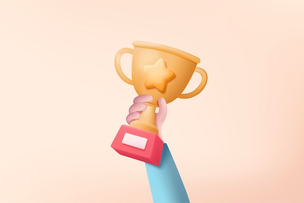 Vetor 3d comemorar os vencedores com golden cup vencedores do prêmio estrelas de mãos dadas conceito da cerimônia de premiação em pedestal com estilo de desenho animado 3d troféu ícone vetor render ilustração isolada em fundo rosa