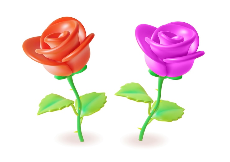 Vetor 3d different rose flower set plasticine vector de estilo de desenho animado