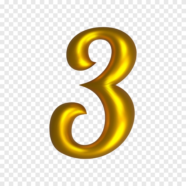 3d dourado três dígitos 3 números brilhantes letras do alfabeto clipart png fundo transparente