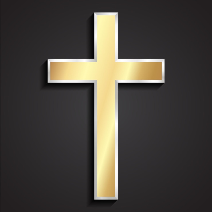 Vetor 3d forma simples tradicional cruz cristã prata e ouro símbolo de metal brilhante