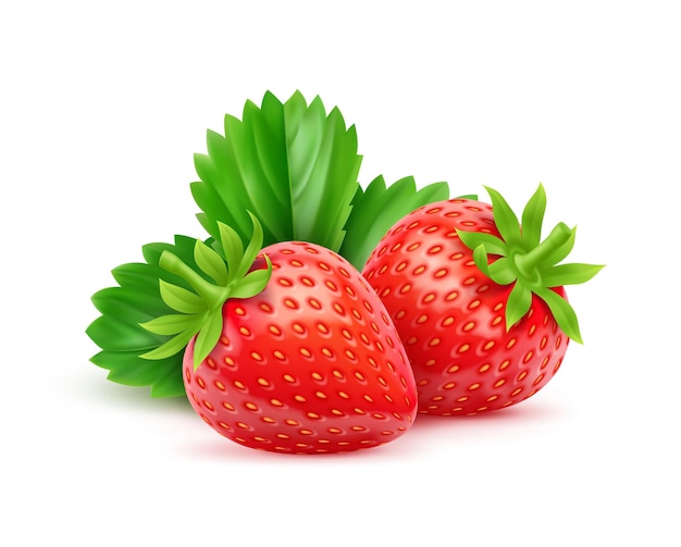 3d frutas de morango cruas maduras realistas com folhas