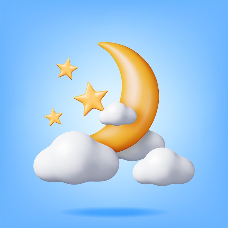 Vetor 3d gold crescent moon com estrelas nas nuvens render yellow moon balloon and star party event decoration wedding birthday celebration islamic ramadan muslim anniversary cartoon vector illustration