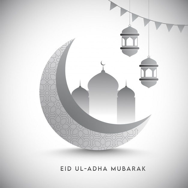 3D Gray Crescent Moon com mesquita, lanternas de suspensão e bandeiras da estamenha no fundo branco lustroso para Eid Ul-Adha Mubarak.