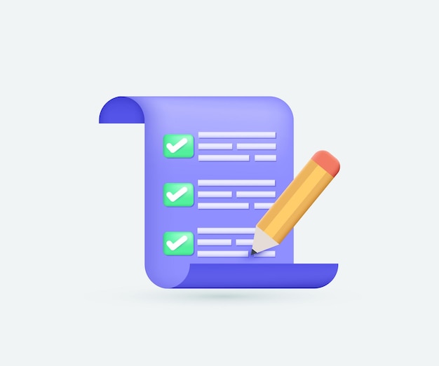 3d ícone realista lista de verificação verde clipboard lápis em design vetorial roxo