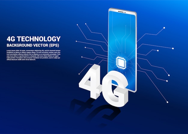 3d isométrica 4g e celular com o ícone da cpu.