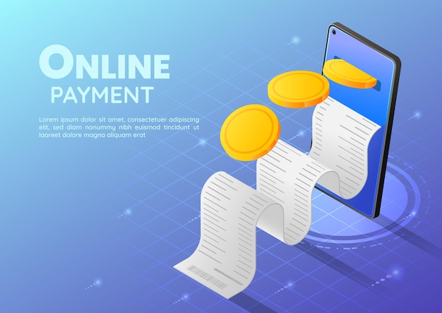 3D isométrico Web Banner moeda de ouro indo para Smartphone com recibo. Pagamento online e conceito de banco móvel.