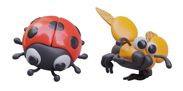 Vetor 3d ladybug e escaravelho closeup ilustrações criativas de insetos diferentes tipos de insetos