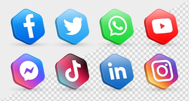 3d logotipos de ícones de mídia social no quadro de polígono moderno meta facebook instagram youtube ícone de rede