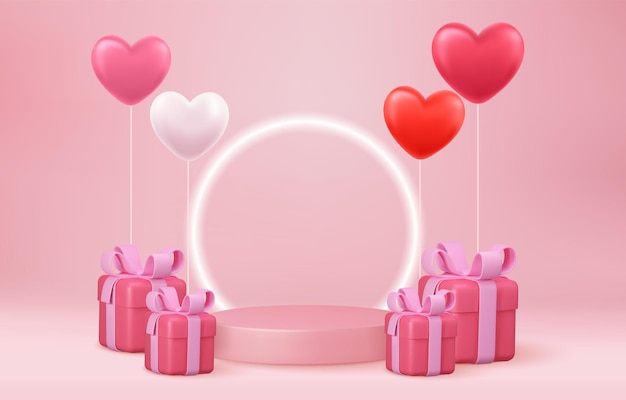3d mock up Pódio de palco decorado com balões em forma de coração e com caixa de presente. Plano de fundo para aniversário, aniversário, venda, casamento. Bandeira da Web. Conceito de dia dos namorados. Ilustração vetorial