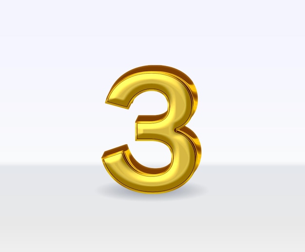 3d números de metal dourado número 3 em fundo branco