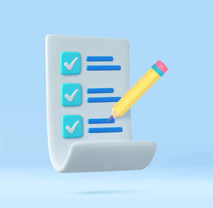 Vetor 3d papel gerenciamento de tarefas lista de verificação de tarefas com lápis nota exame papel checklist ícone 3d renderização vetor ilustração