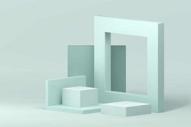 Vetor 3d pódio geométrico luz verde pedestal geométrico mock up para produto cosmético mostrar vetor ilustração vitrine pastel realista com exibição de fundo de quadro quadrado para apresentação comercial
