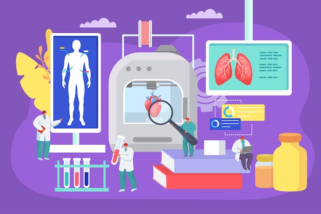3d que imprime órgãos humanos na ilustração do laboratório médico. tecnologia moderna de bioprinter, médicos usam equipamentos de inovação