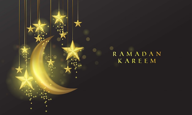 3d realista dourada lua e estrelas para ramadan kareem