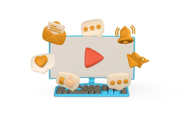 3D realista monitor de computador teclado e bolha de fala com ícones sociais em estilo de desenho animado vetor