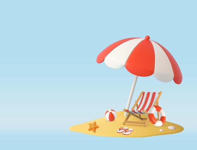 3d Relaxante cena de praia tropical com cadeira e guarda-chuva