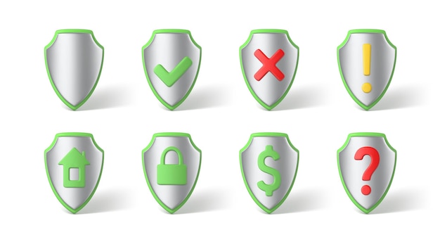 Vetor 3d render escudos protetores com diferentes símbolos ícone conceito segurança acesso garantia proteger privacidade segura vetor 3d ilustração