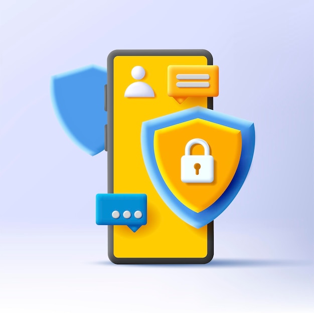 3D render ilustração de um smartphone com escudo e mensagens um conceito de proteção de bate-papo seguro de segurança e privacidade