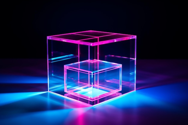 Vetor 3d render neon fundo abstrato com linhas brilhantes cubo isolado