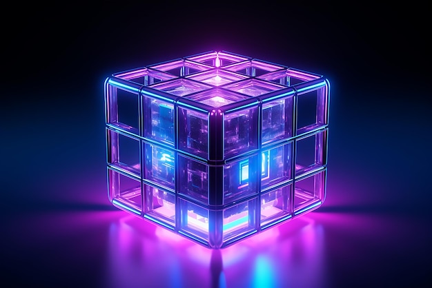 Vetor 3d render neon fundo abstrato com linhas brilhantes cubo isolado