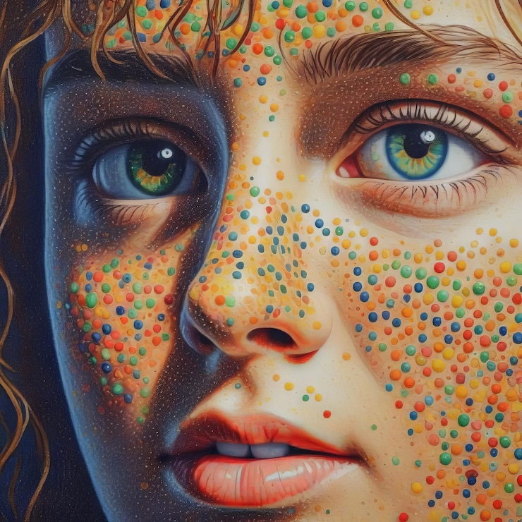 Vetor 3d renderização bela jovem com olhos coloridos e lábios coloridos em um fundo colorido