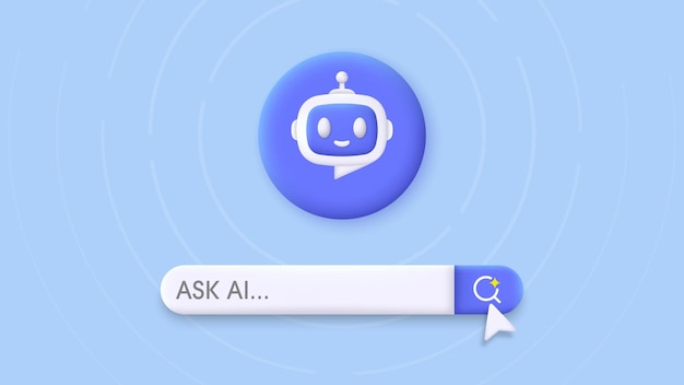 3D Search engine bar and Robot Chatbot and AI Assistant Concept of Artificial Intelligence Input prompt as commands for search and analysis by AI Trendy and modern vector in 3d style