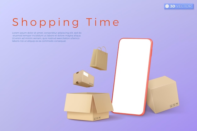 3d telefone inteligente e caixa de papelão ícone símbolo promoção de desconto vender preços reduzidos saco de papel de compras on-line conceito de tempo de compras 3d vetor ilustração isolada cartoon pastel estilo mínimo