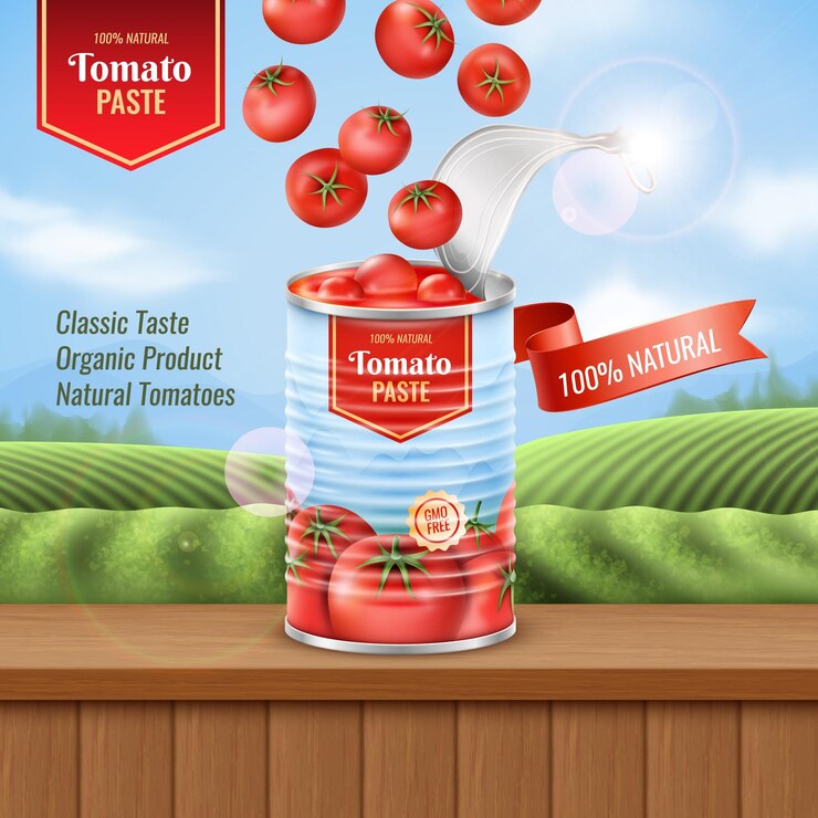 Vetor 3d tomate pode campos verdes e céu azul paisagem de fundo chicha ingredientes de suco natural fresco pomodoro enlatado publicidade etiqueta de natureza banner de anúncio ilustração vetorial realista