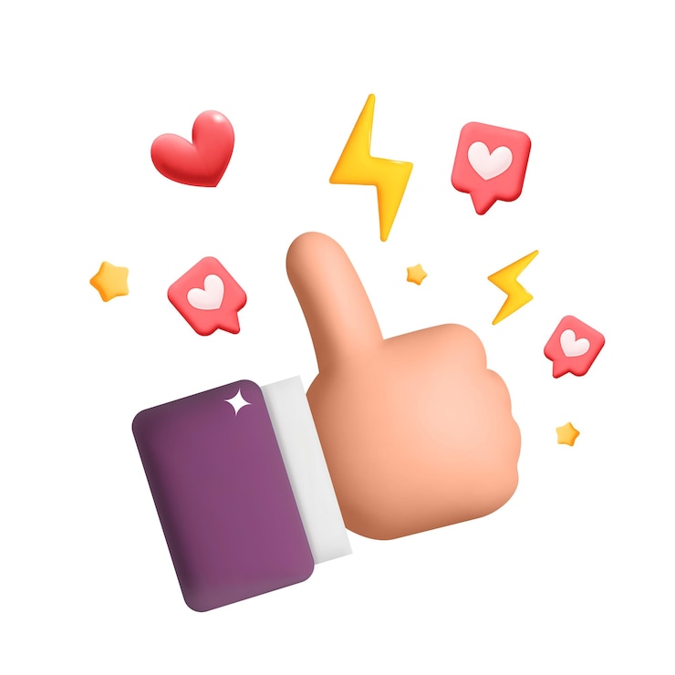 Vetor 3d vector cartoon man mão polegar para cima gesto com gosto e design de símbolo de coração
