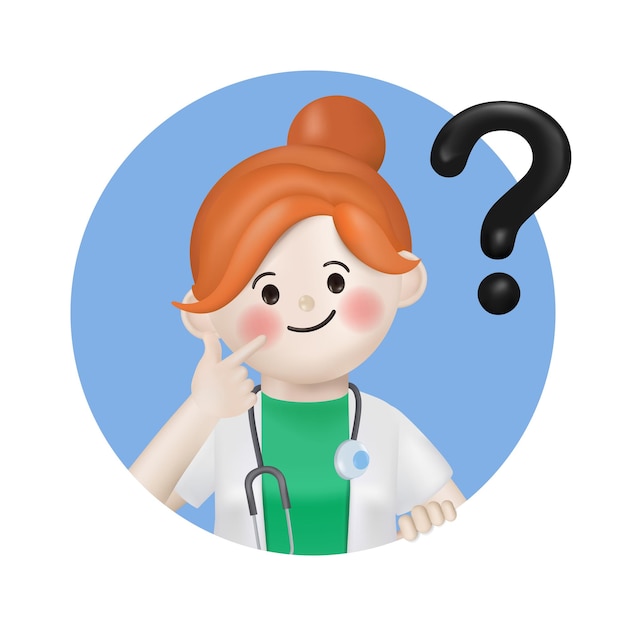 3d vector cartoon personagem de mulher bonito médico com símbolo de ponto de interrogação.
