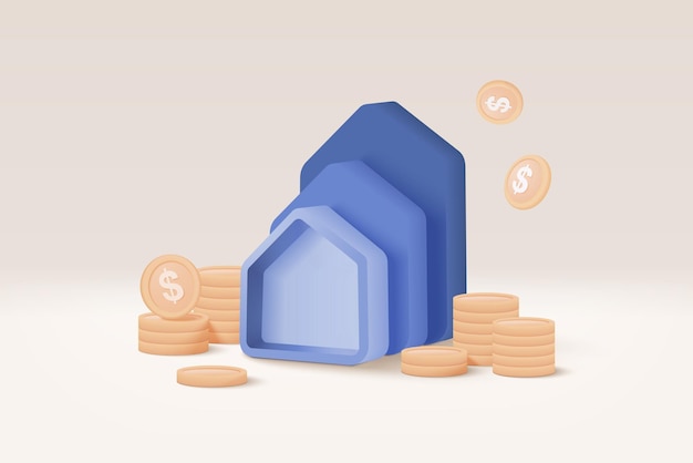 3d vector imobiliário e pilha de moedas em fundo branco economizando dinheiro para empréstimo conceito de propriedade de investimento financeiro em dinheiro pilha de moedas e um pequeno banco de casa em fundo bege