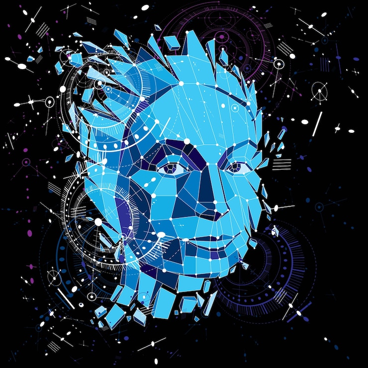 Vetor 3d vector low poly retrato de uma mulher inteligente, metáfora de pensamentos humanos. fundo artístico feito usando elementos visuais de estilo de tecnologia moderna, peças de esquema mecânico e linhas conectadas.