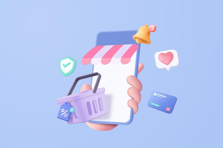 Vetor 3d vector render online shopping bag usando tags promoção ou dinheiro para uso futuro shopping online pass smartphone na mão segurando 3d vector shop compra cesta loja de varejo em e-commerce