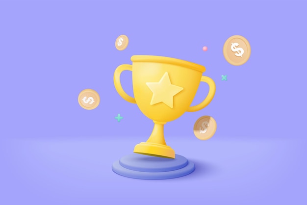 3d vencedores mínimos com taça de ouro e estrelas de vencedores de ouro de moeda de dinheiro no fundo do pódio conceito de cerimônia de premiação em pedestal com renderização de vetor 3d estilo cartoon isolado em fundo roxo pastel