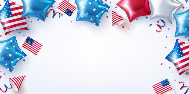 4 de fundo de festa de julho. celebração do dia da independência dos eua com american stars shaped balloons.4th of july promoção modelo de banner de publicidade ou folhetos e decorações de festa dos eua.