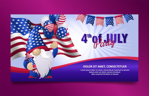 4 de julho bandeira horizontal americana dos eua gnomo com fundo vetorial de balão de bandeira americana